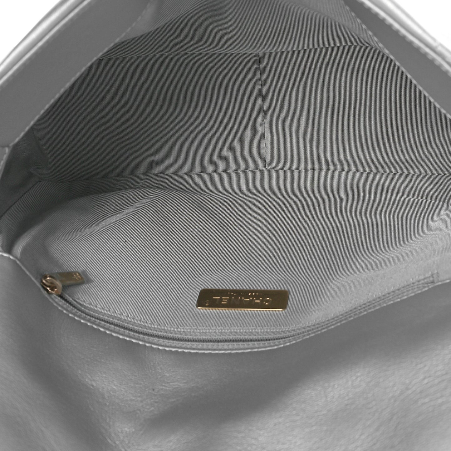 Metallic Goatskin Quilted Large Chanel 19 Flap Silver