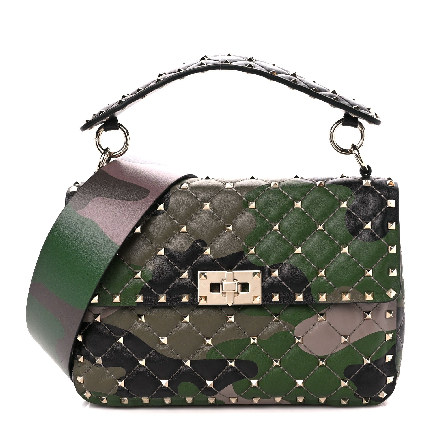 Valentino Garavani Nappa Camouflage Medium Rockstud Spike Shoulder Bag Verde Rouge 1 of 11