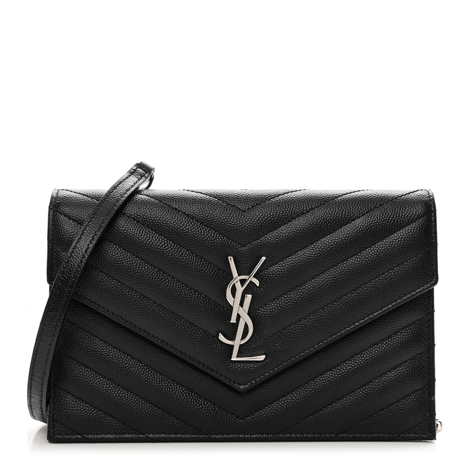 Saint Laurent Grain De Poudre Matelasse Chevron Monogram Envelope Chain Wallet Black 1 of 9