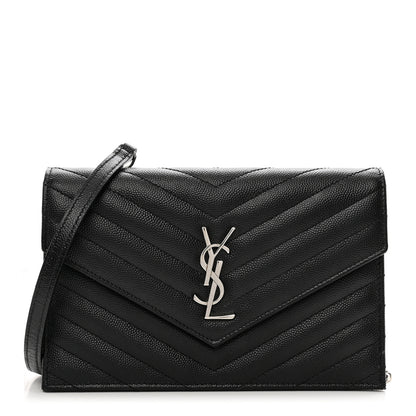Saint Laurent Grain De Poudre Matelasse Chevron Monogram Envelope Chain Wallet Black 1 of 9
