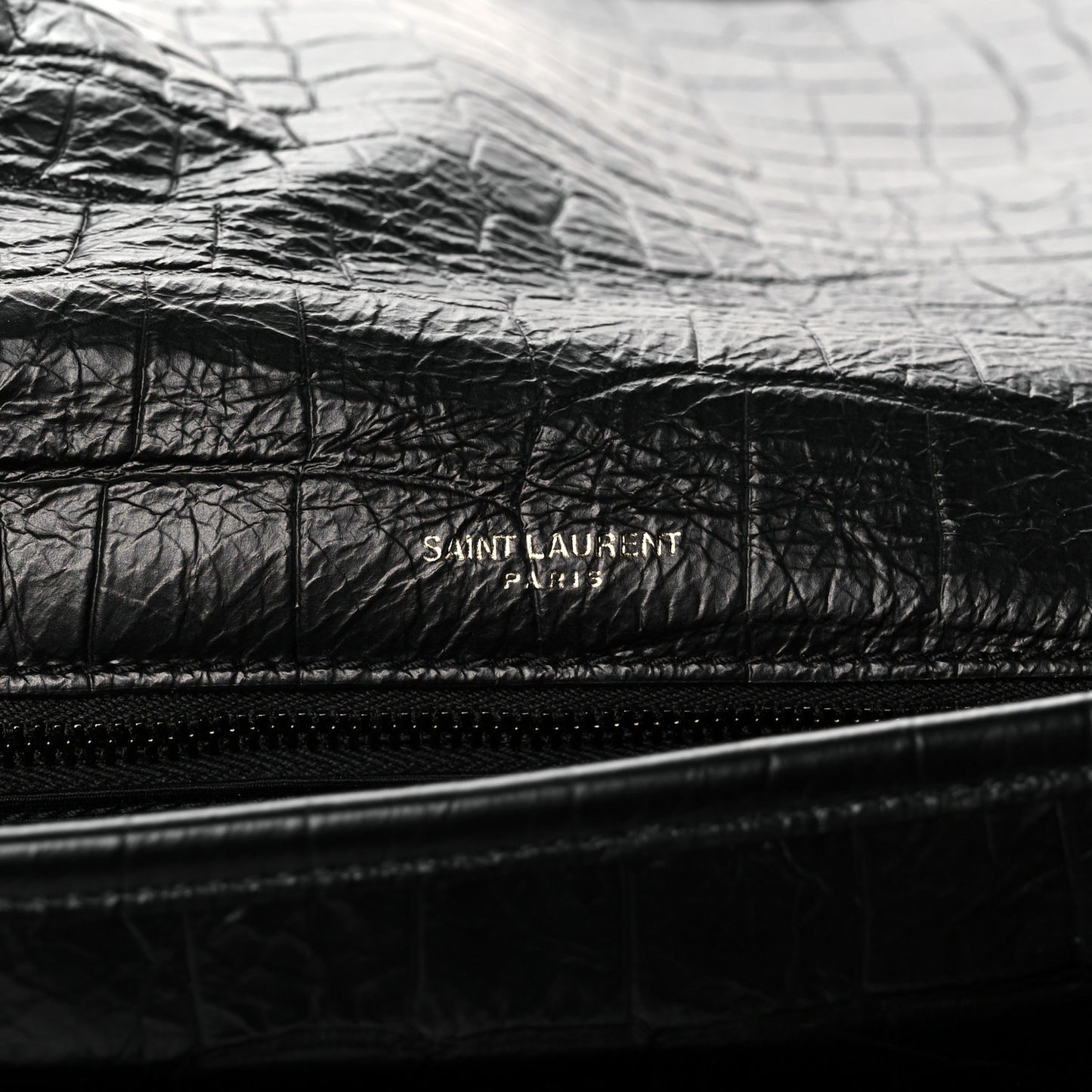 Crocodile Embossed Lambskin Monogram Medium Niki Chain Satchel Black