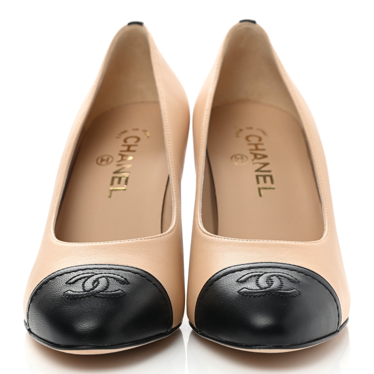 Chanel Lambskin Cap Toe Pumps 37.5 Beige Black 2 of 9
