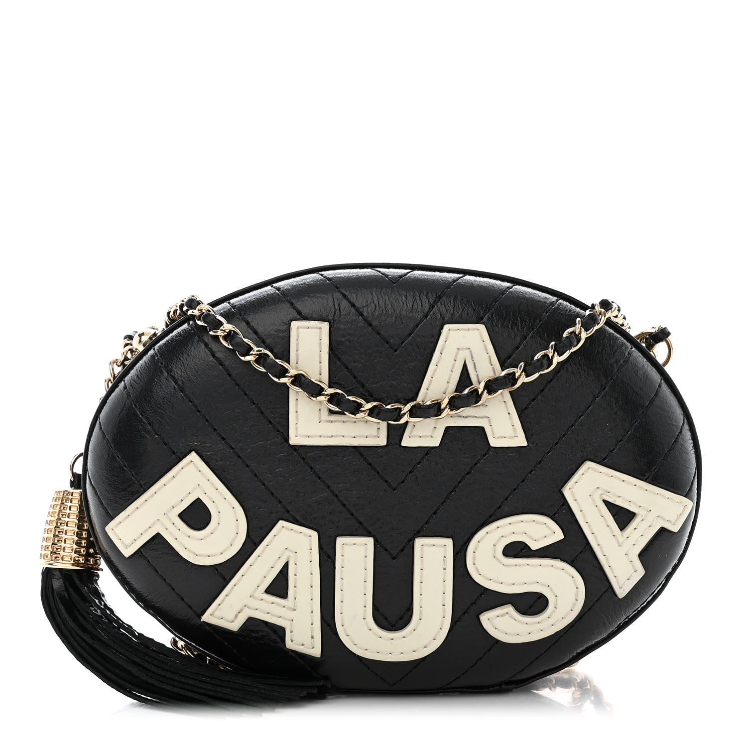 Chanel Lambskin Embroidered Chevron Quilted La Pausa Tassel Clutch Black 1 of 10
