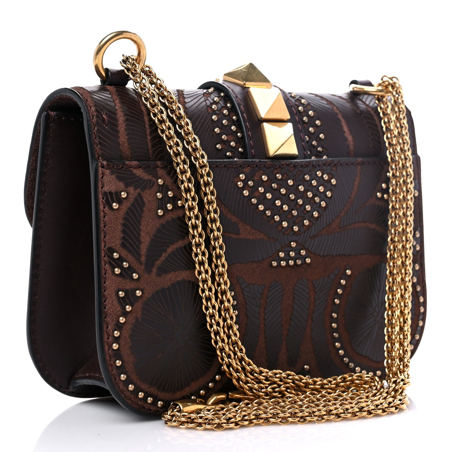 Calfskin Embossed Studded Small Glam Lock Rockstud Flap Cacao