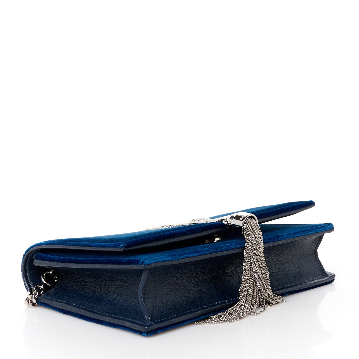 Saint Laurent Velvet Crystal Monogram Kate Tassel Chain Wallet Blue 4 of 9