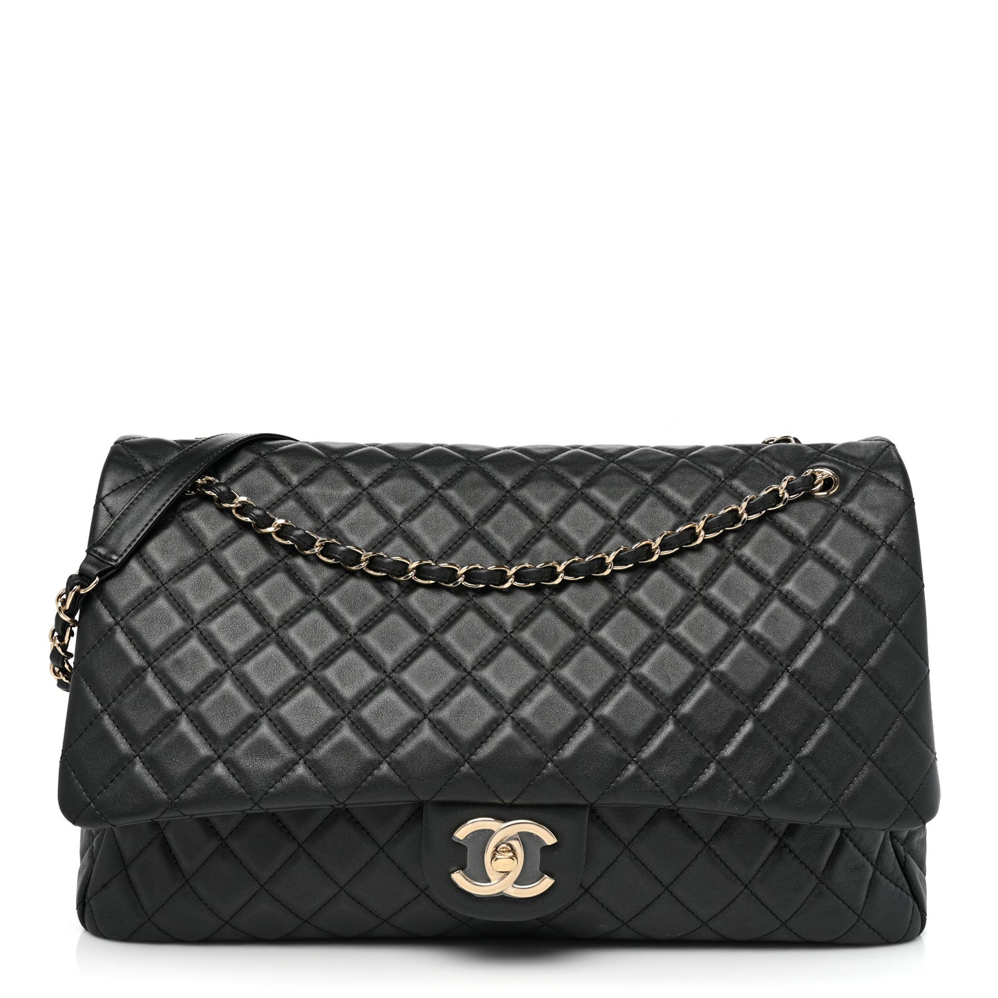 Calfskin Quilted XXL Travel Flap Bag Black
