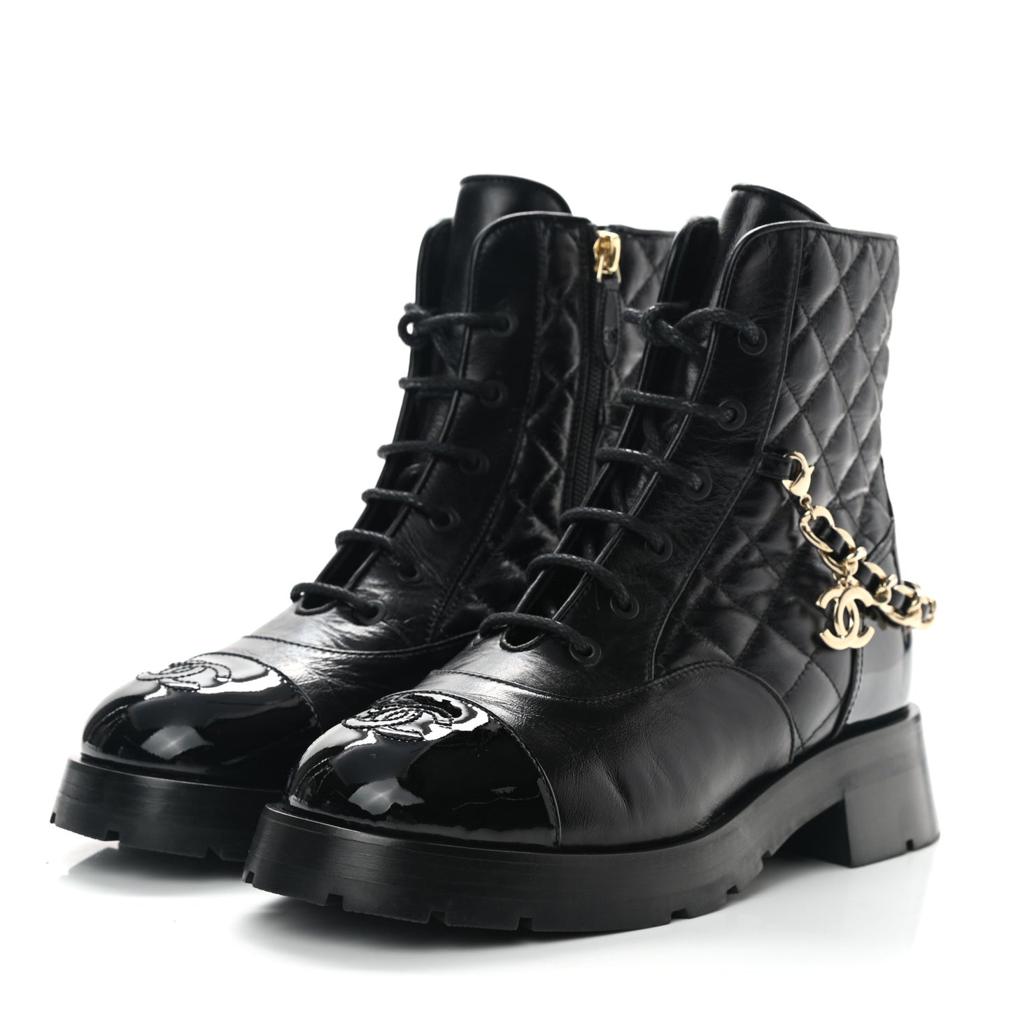 Shiny Calfskin Patent Quilted Chain Lace Up Combat Boots 38 Black