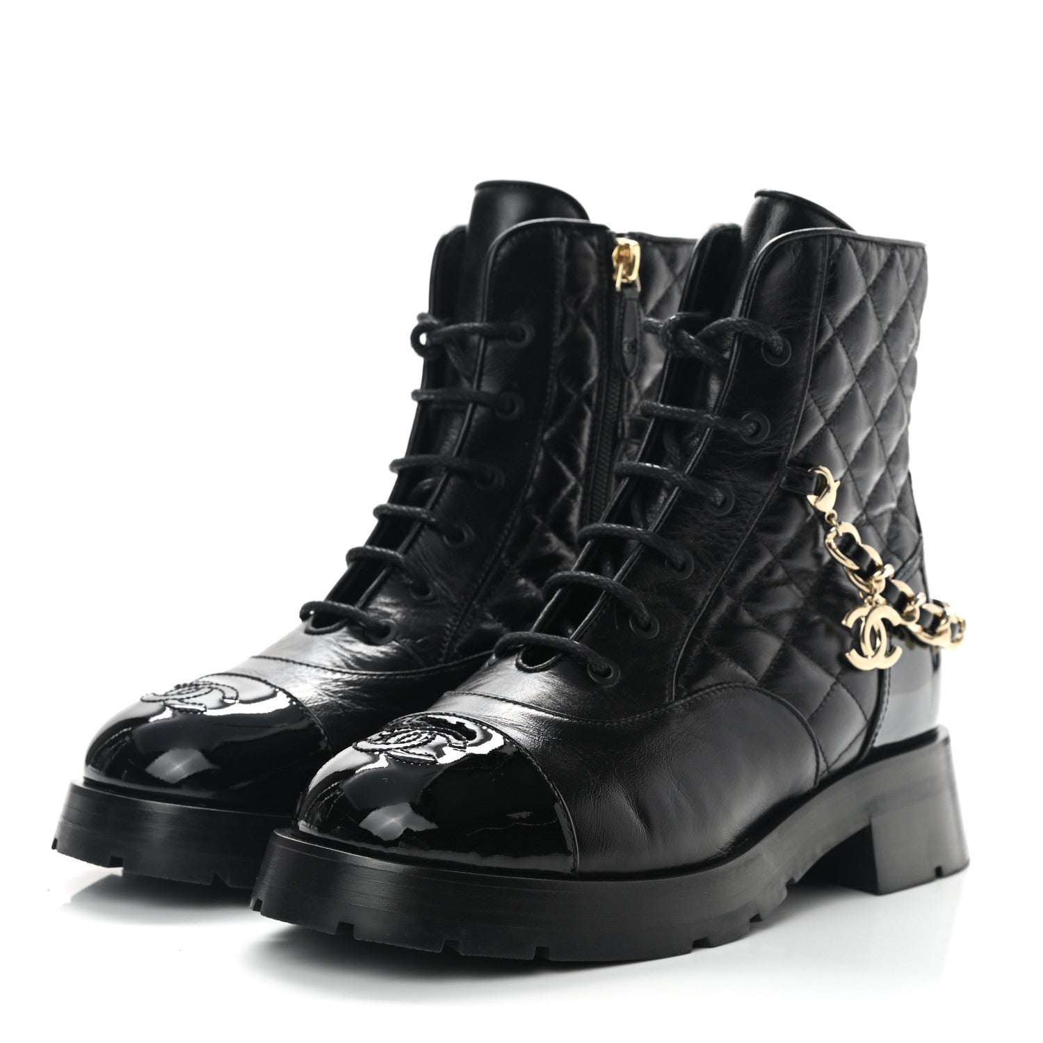 Chanel Shiny Calfskin Patent Quilted Chain Lace Up Combat Boots 38 Black 3 of 8