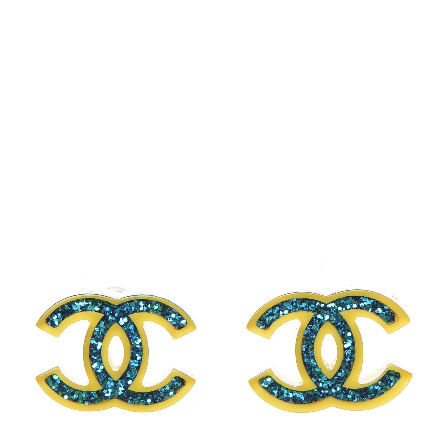 Chanel Glitter Resin CC Earrings Yellow Blue 1 of 5