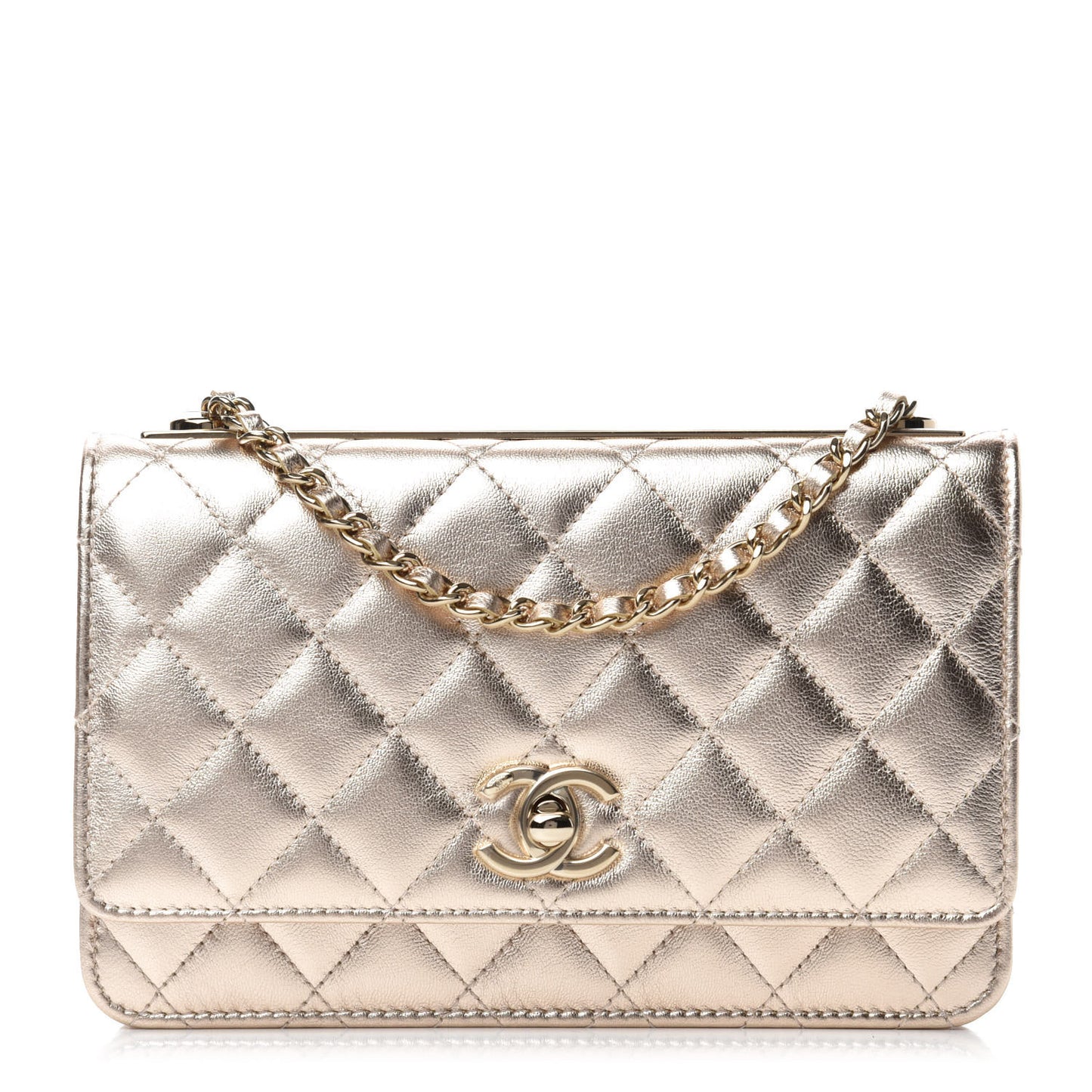 Metallic Lambskin Quilted Trendy CC Wallet On Chain WOC Gold