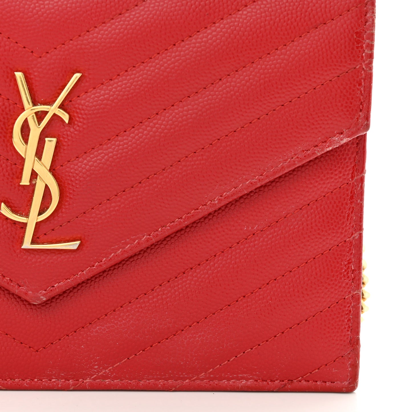 Grain De Poudre Matelasse Chevron Monogram Envelope Chain Wallet New Red
