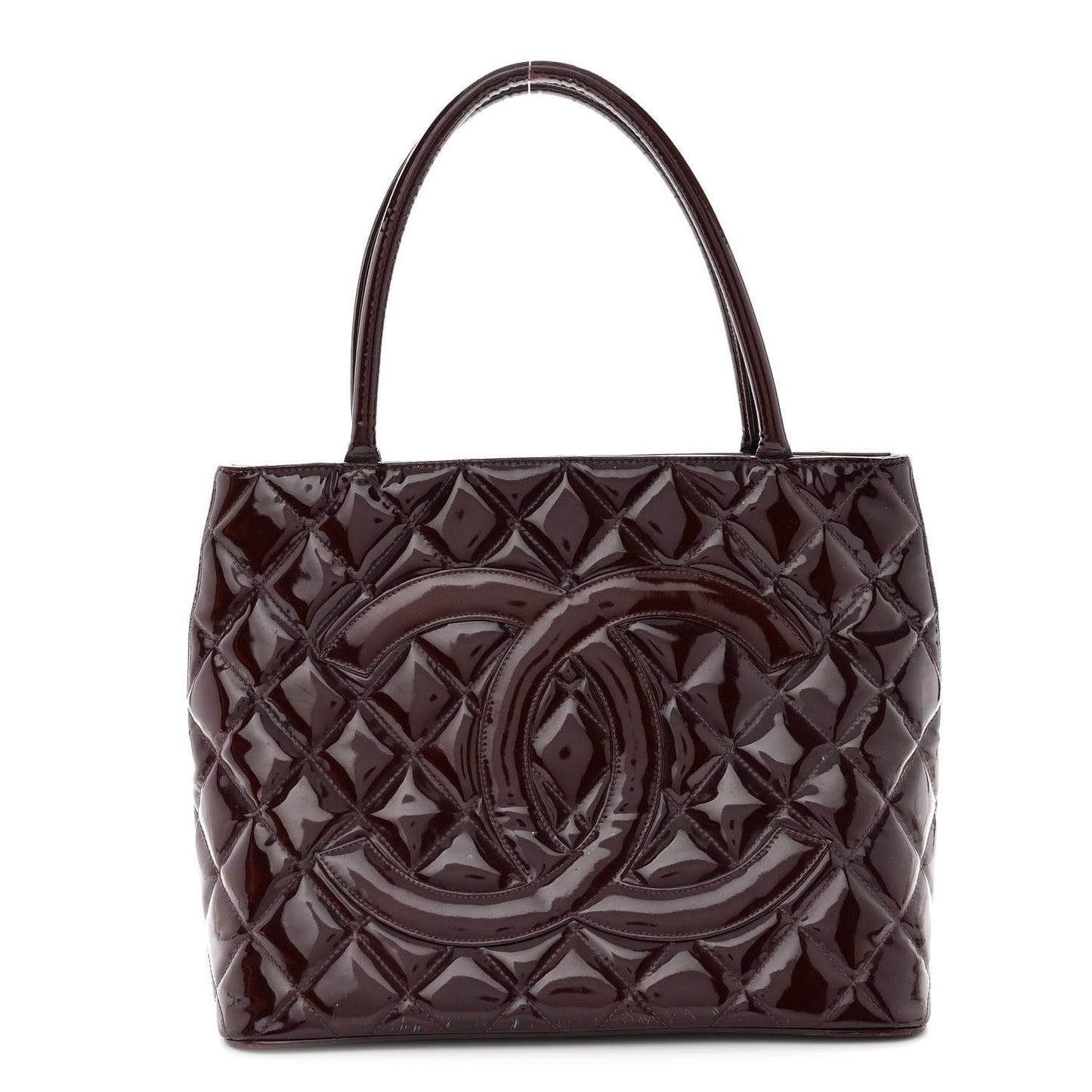 Patent Quilted Medallion Tote Burgundy