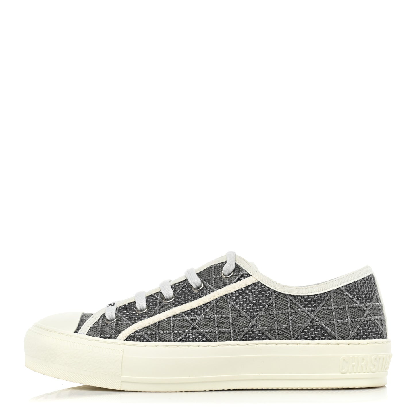 Laminated Canvas Cannage Embroidered Womens Walk'N'Dior Low Top Sneakers 37.5 Metal Grey