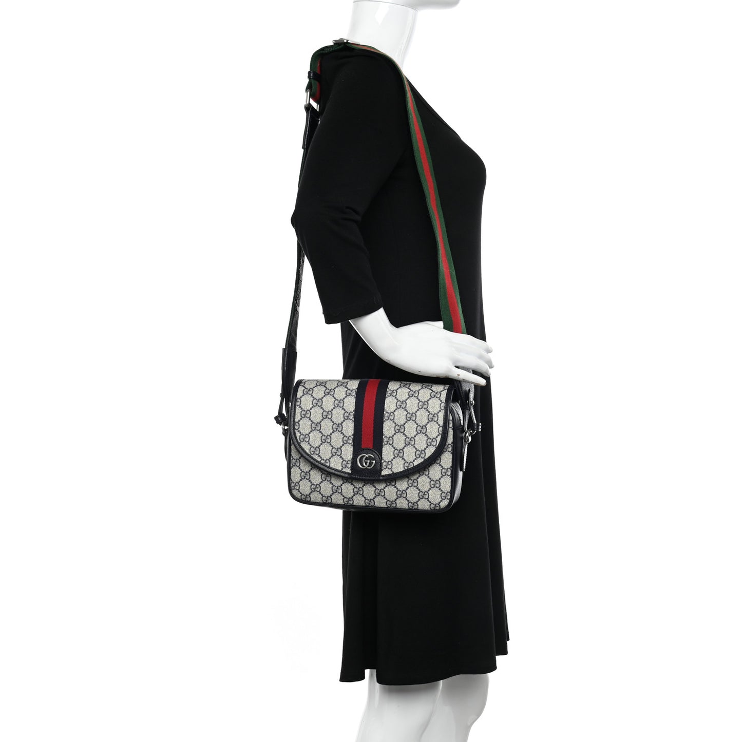 GG Supreme Monogram Textured Dollar Calfskin Web Studded Mini Ophidia Flap Shoulder Bag Beige Blue