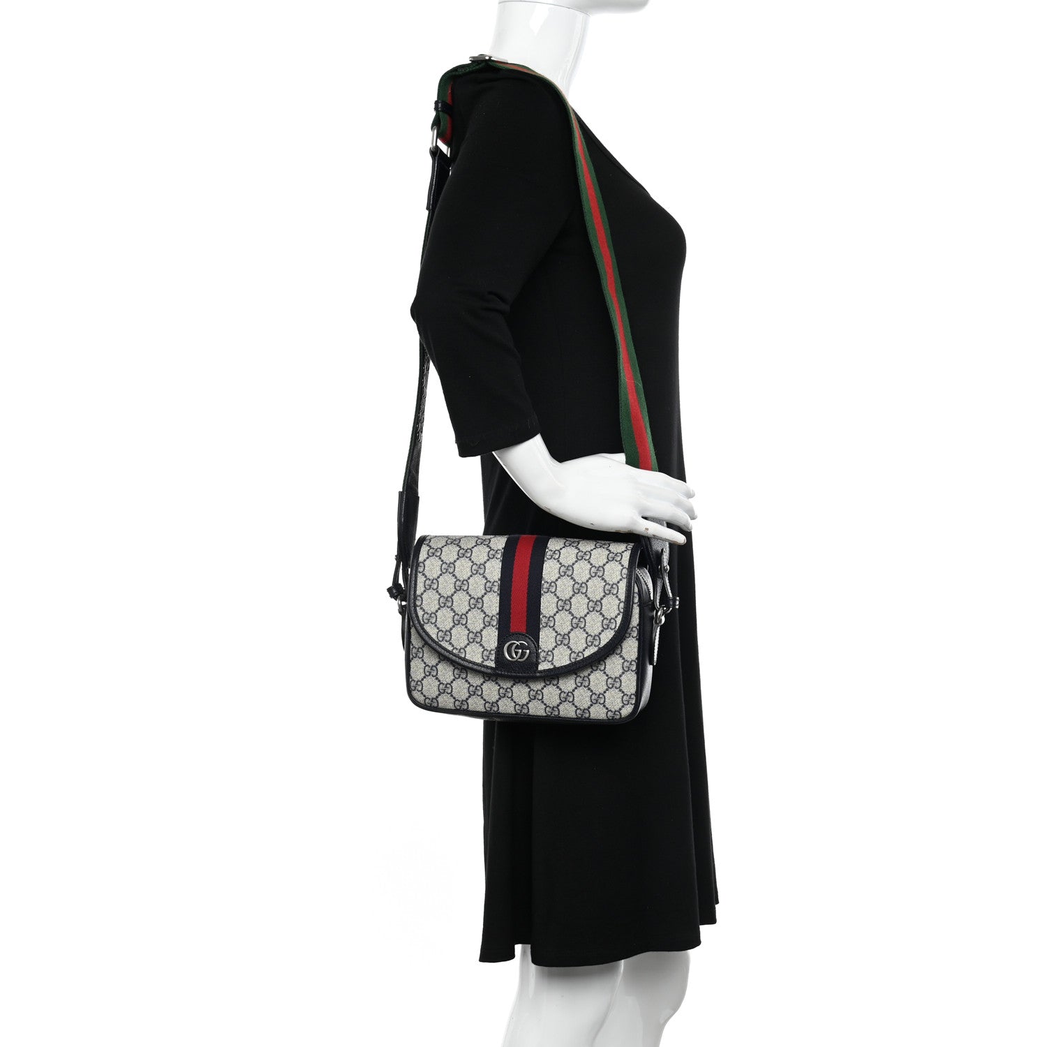 Gucci GG Supreme Monogram Textured Dollar Calfskin Web Studded Mini Ophidia Flap Shoulder Bag Beige Blue 2 of 10