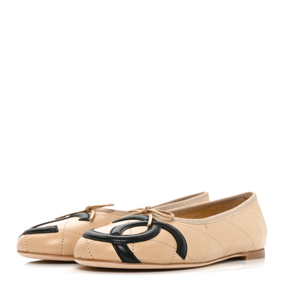 Chanel Lambskin Quilted CC Cambon Ballet Flats 39 Beige Black 3 of 8