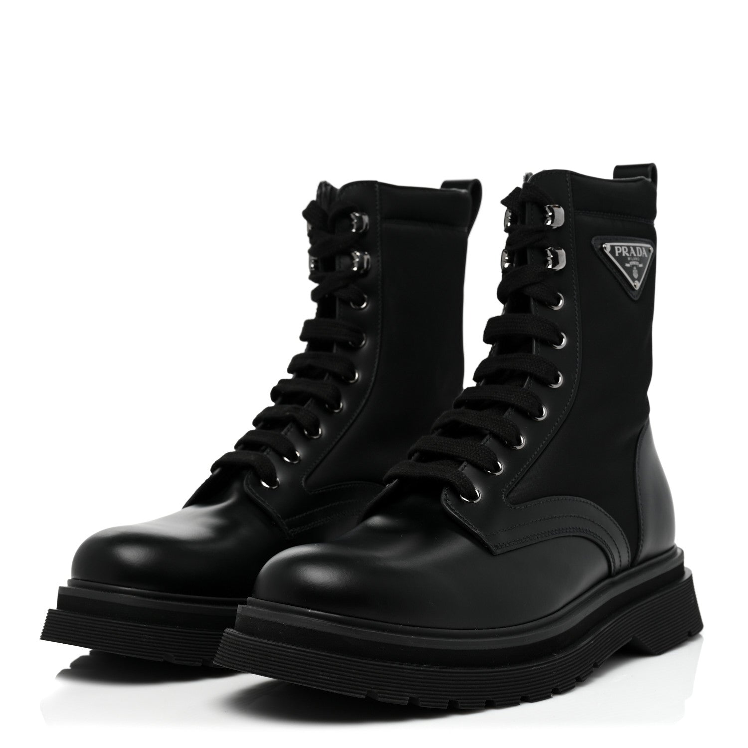 Prada Spazzolato Rois Re-Nylon Metal Triangle Logo Mens 40mm Combat Boots 6 Black 3 of 9