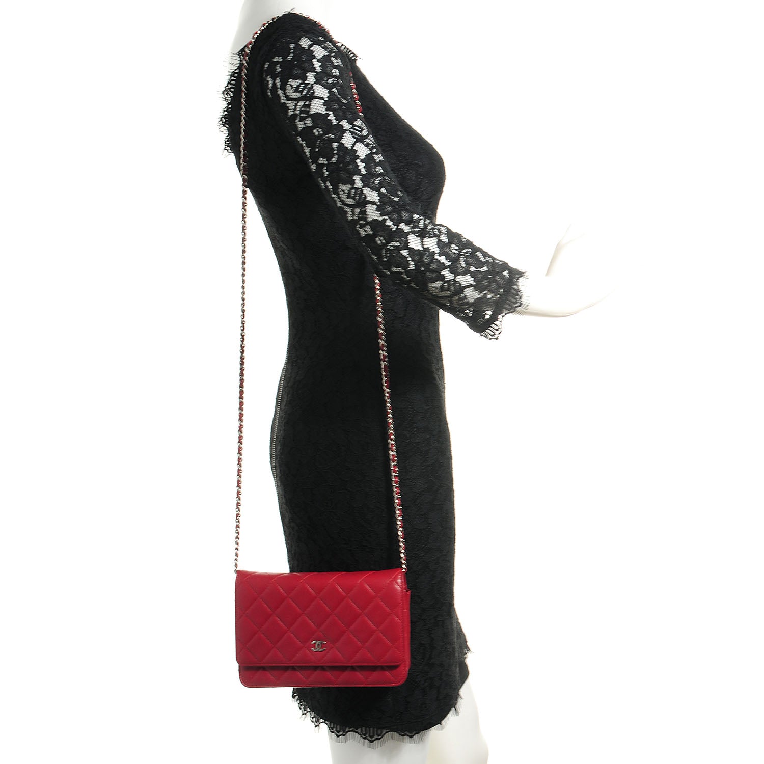 Chanel Lambskin Quilted Wallet On Chain WOC Red 2 of 9