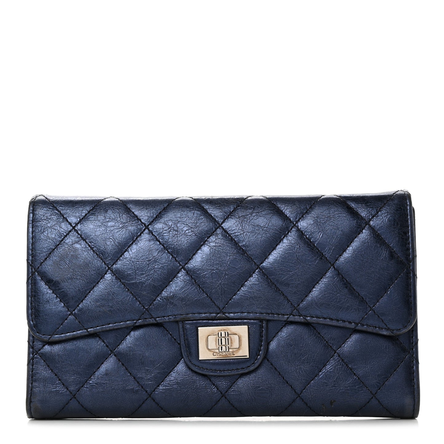 Metallic Aged Calfskin Quilted Reissue Long Flap Wallet Dark Navy Blue