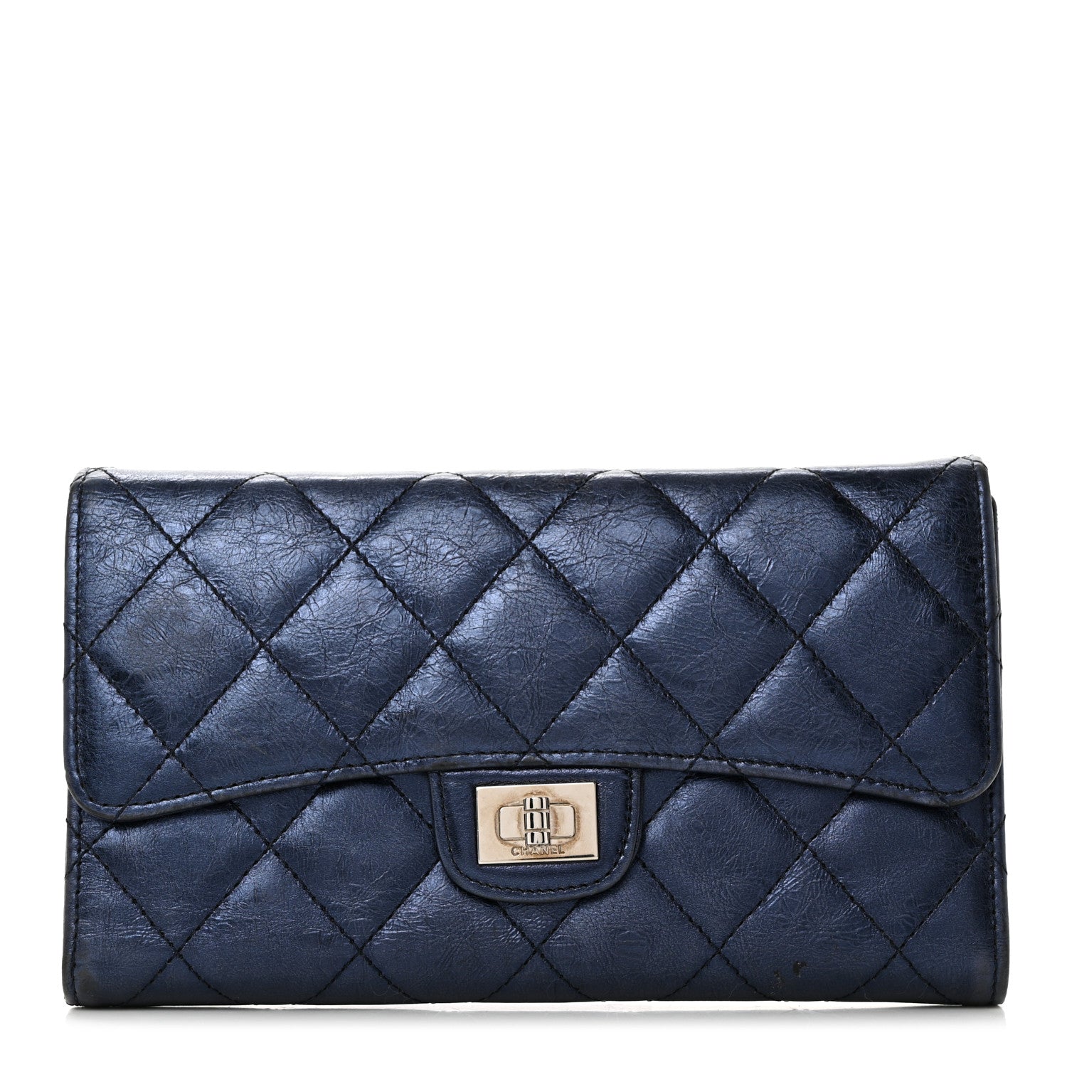 Chanel Metallic Aged Calfskin Quilted Reissue Long Flap Wallet Dark Navy Blue 1 of 10