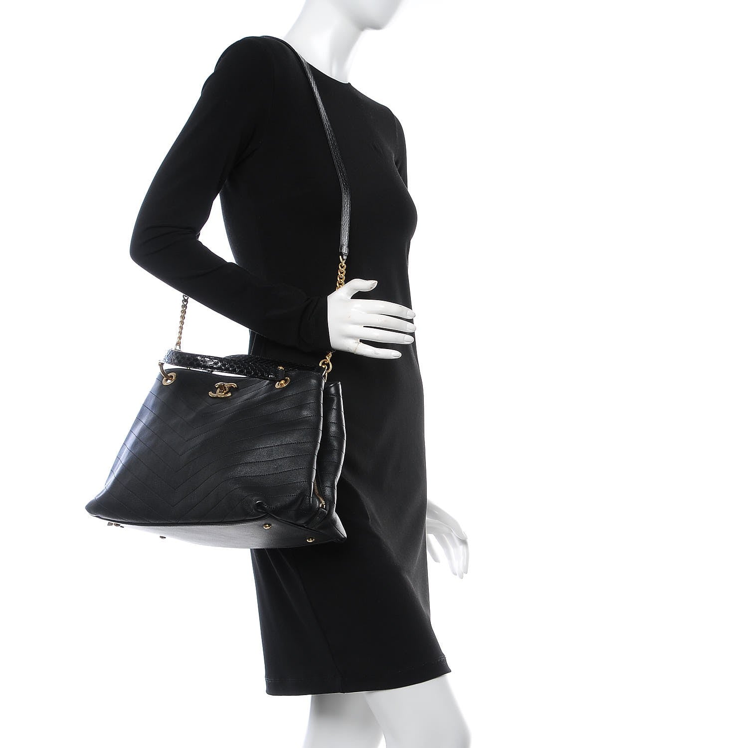 Chanel Calfskin Elaphe Stitched Large Chevron Chic Shopping Bag Black 2 of 8