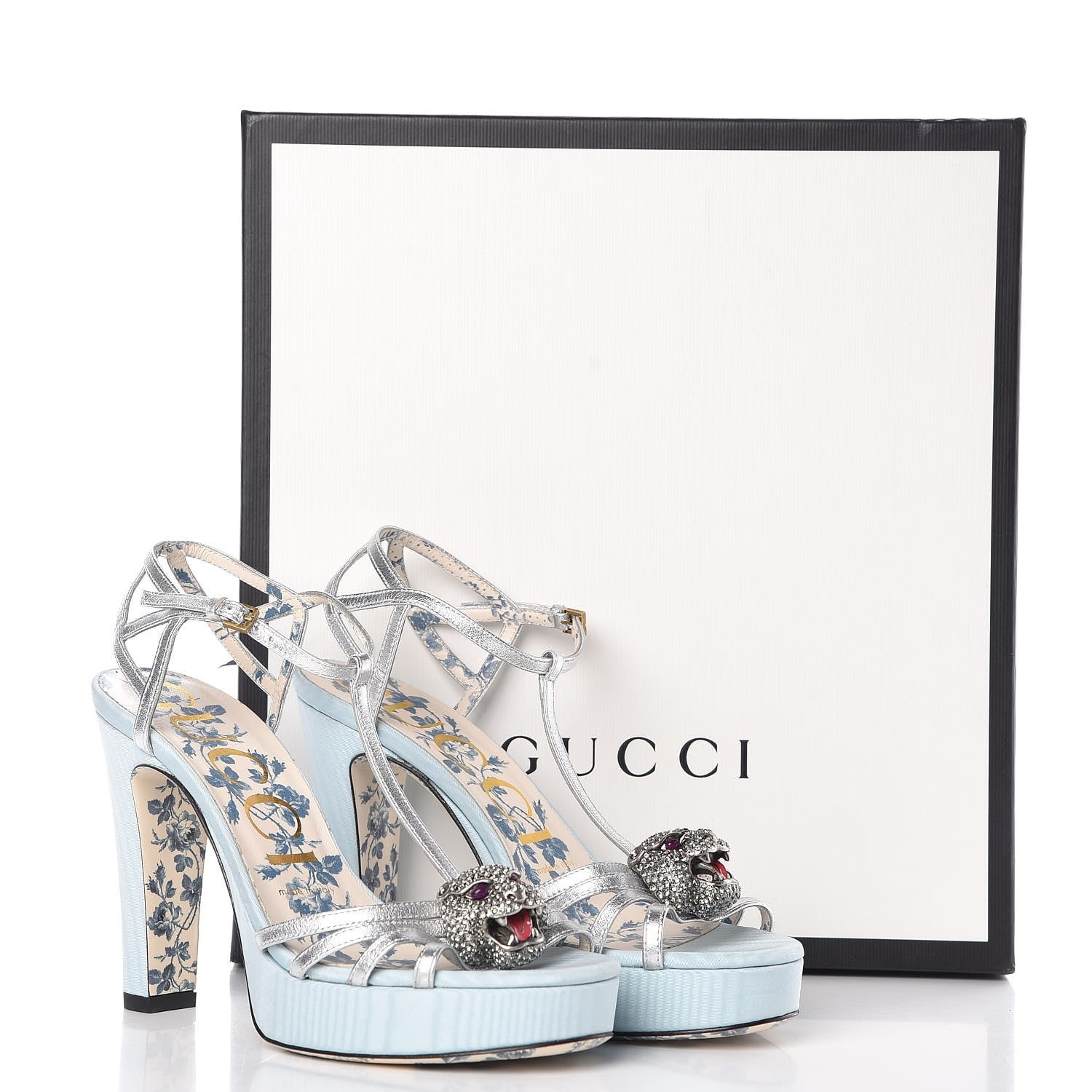 Gucci Moire Fabric Nappa Elias T-Strap Platform High Heel Sandals 36 Argento 8 of 8