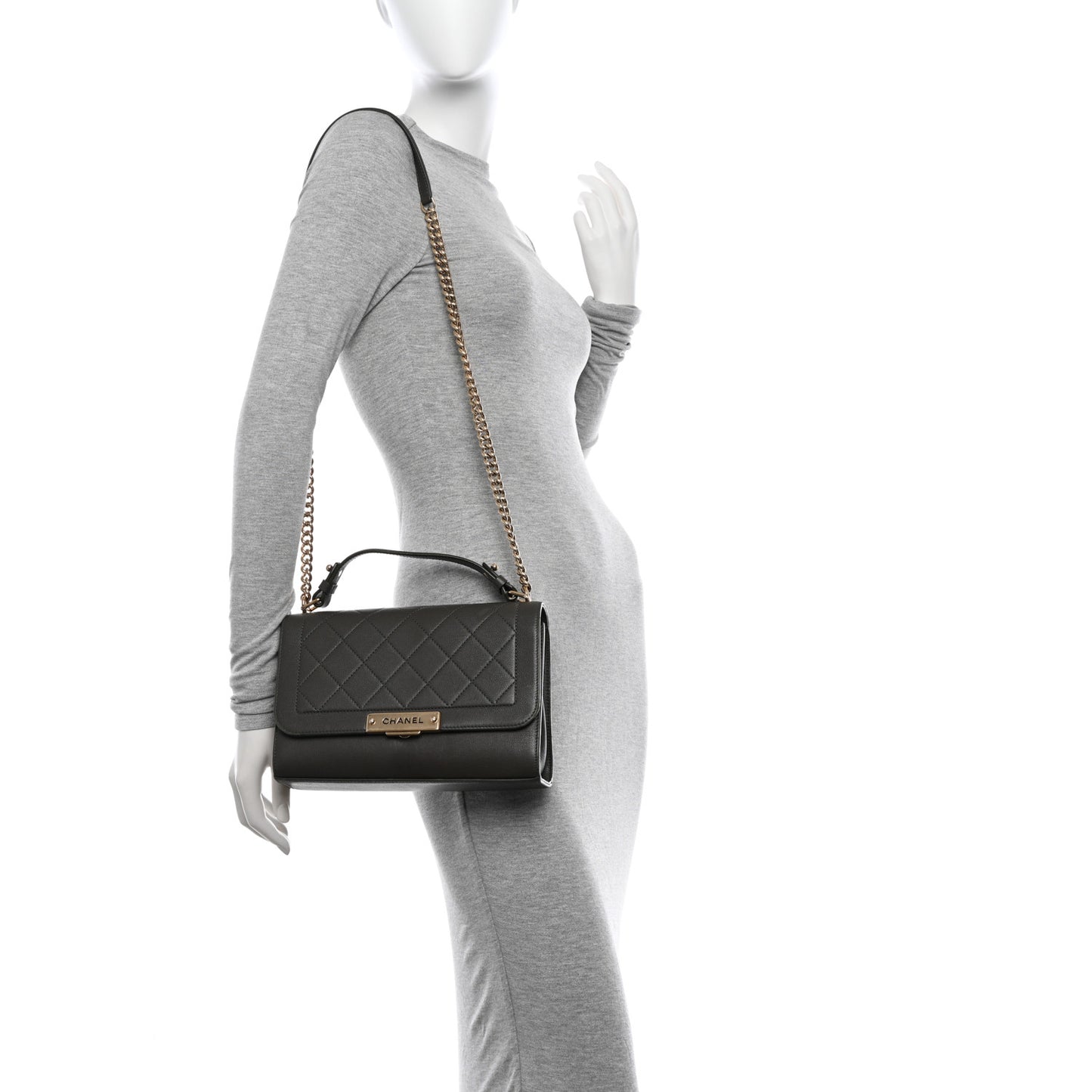 Grained Calfskin Quilted Medium Label Click Flap Bag Khaki