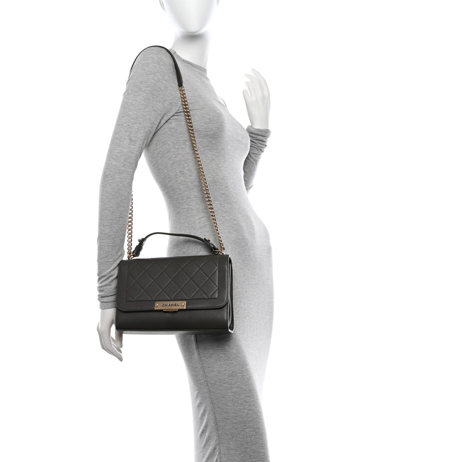 Chanel Grained Calfskin Quilted Medium Label Click Flap Bag Khaki 2 of 14