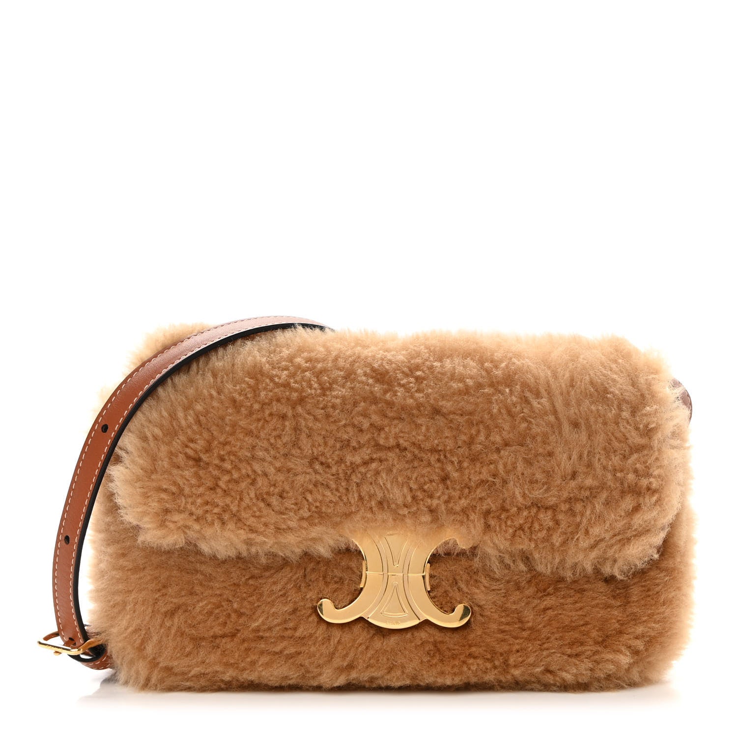 Celine Calfskin Triomphe Fluffy Shearling Bag Beige 1 of 12