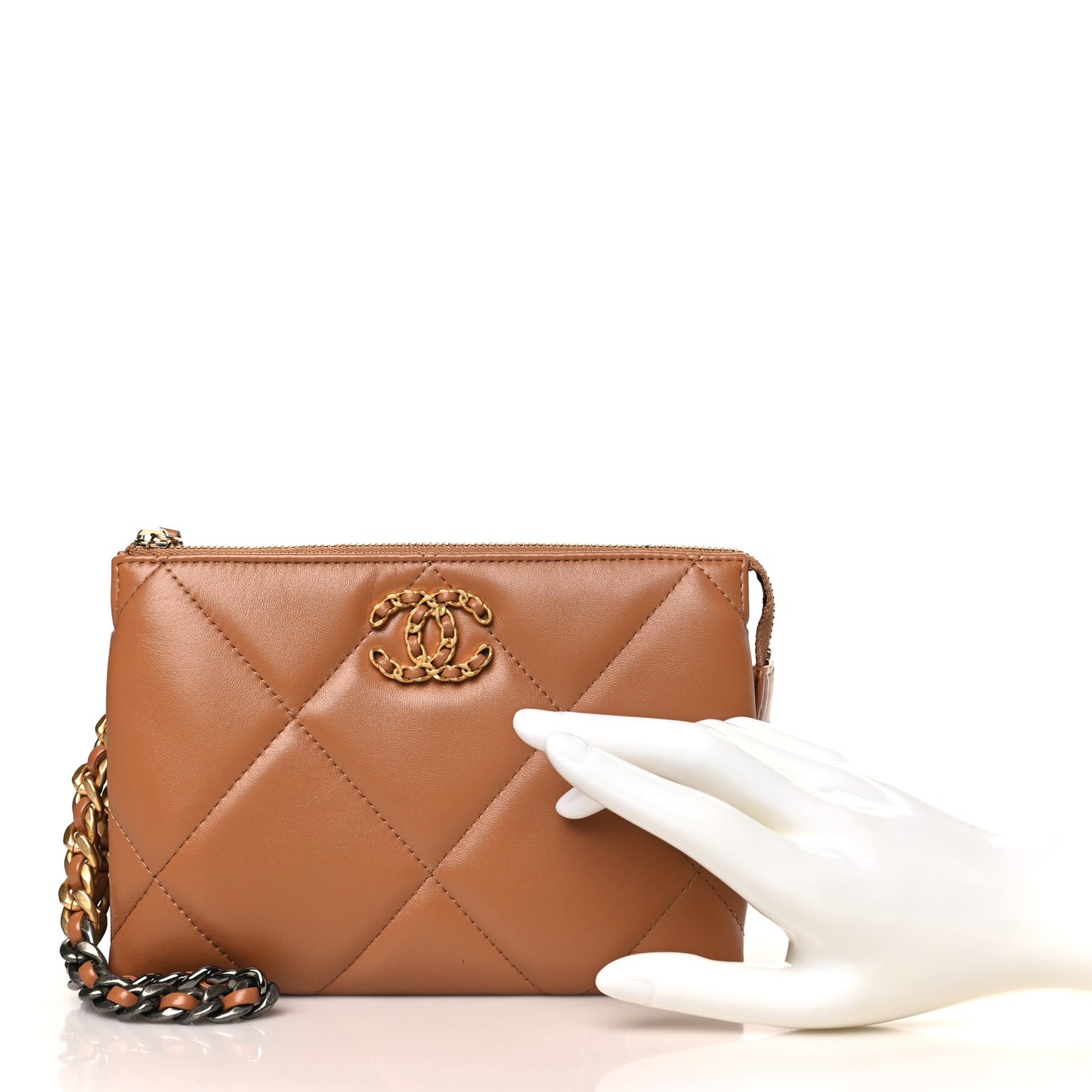 Shiny Goatskin Quilted Small Chanel 19 Pouch With Handle Brown