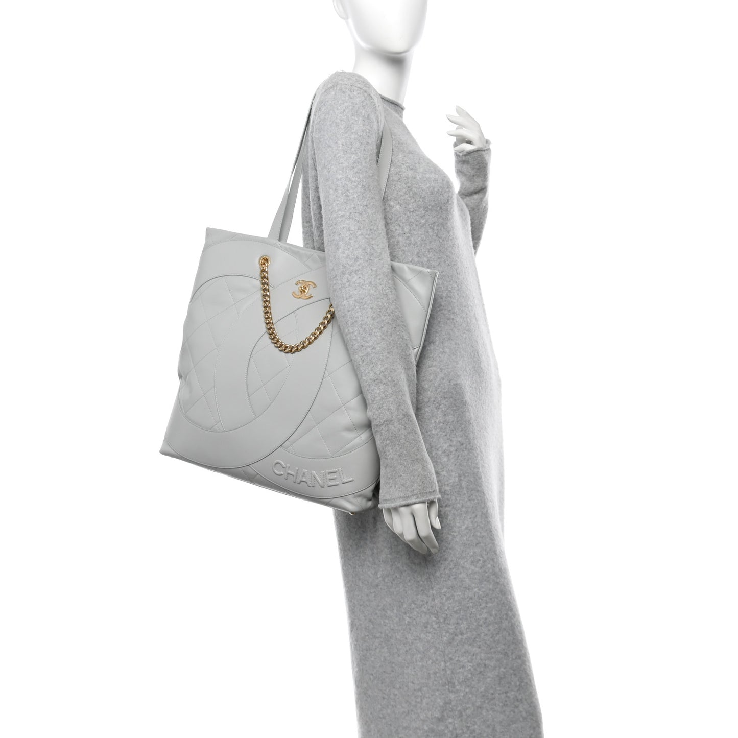 Calfskin Stitched CC Shopper Tote Light Grey