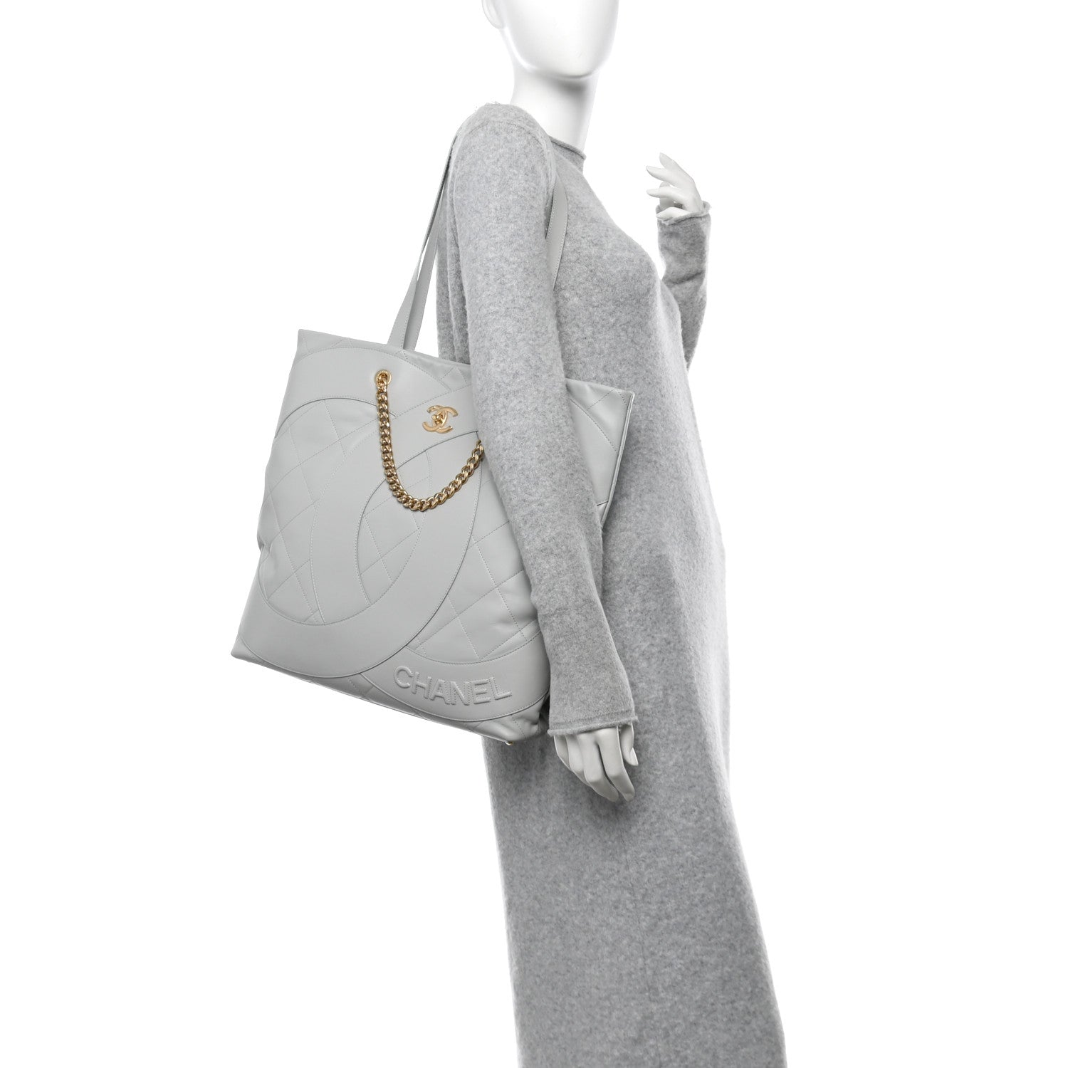 Chanel Calfskin Stitched CC Shopper Tote Light Grey 2 of 10