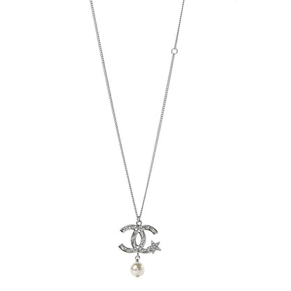 Chanel Crystal CC Star Pearl Drop Necklace Silver 1 of 6