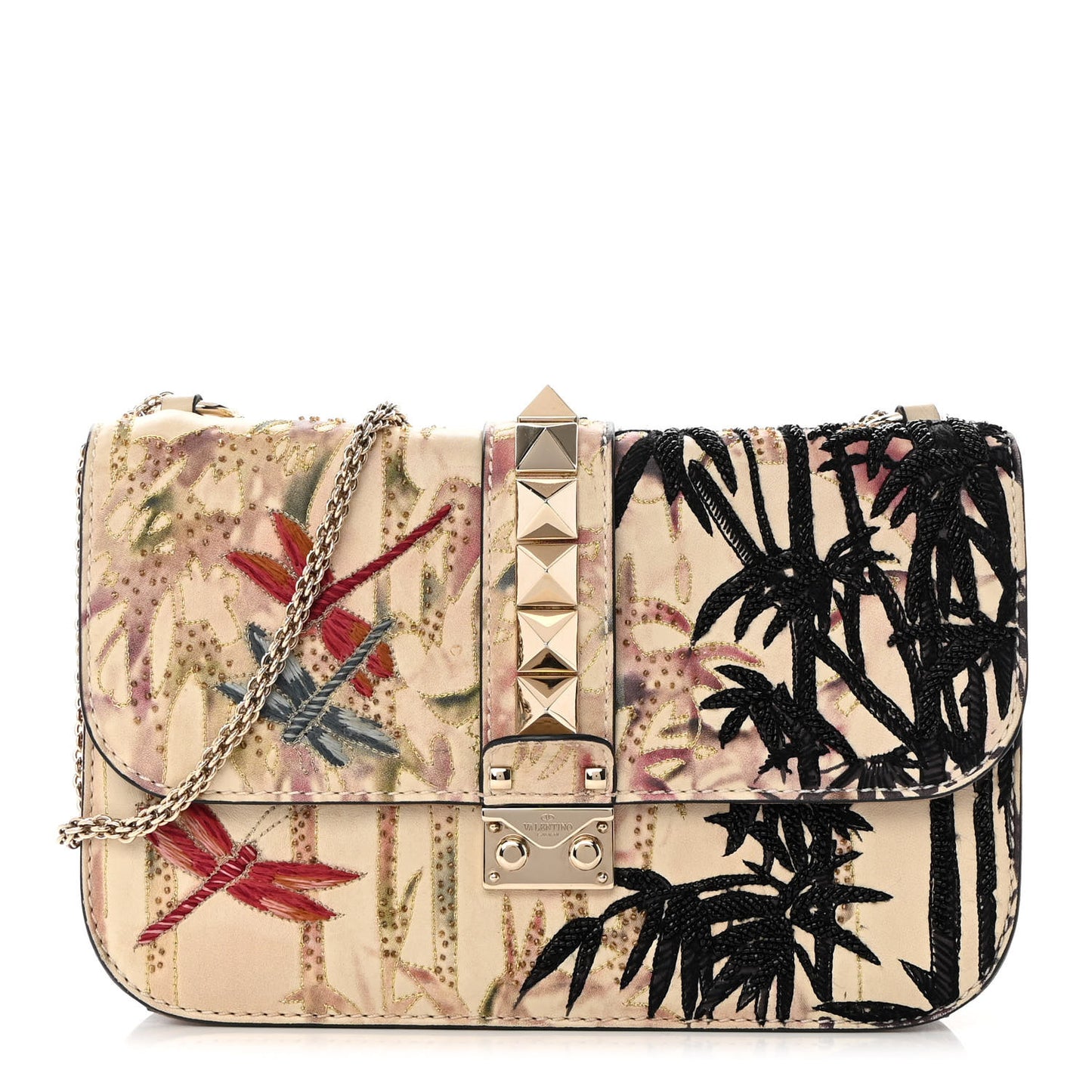 Vitello Embroidered Beaded Medium Glam Lock Rockstud Flap Beige