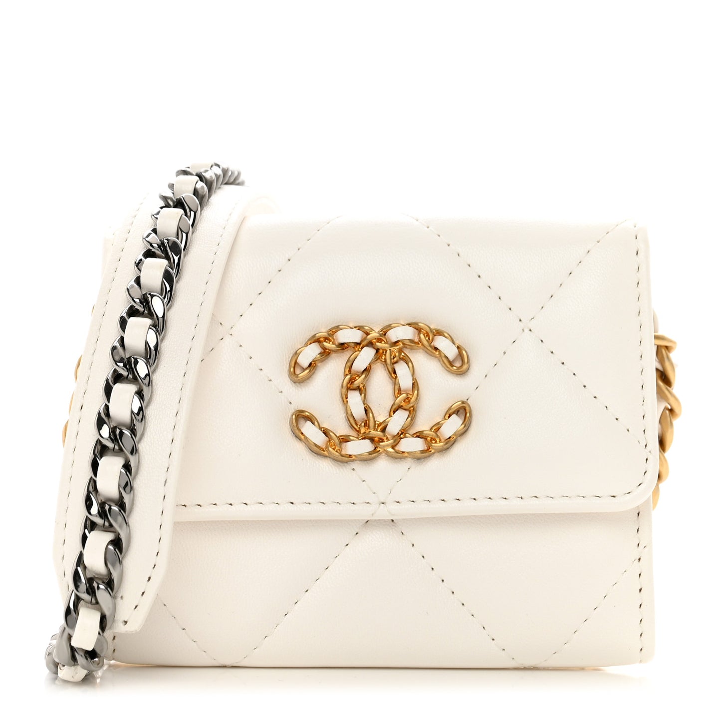 Lambskin Quilted Chanel 19 Flap Coin Purse With Chain White