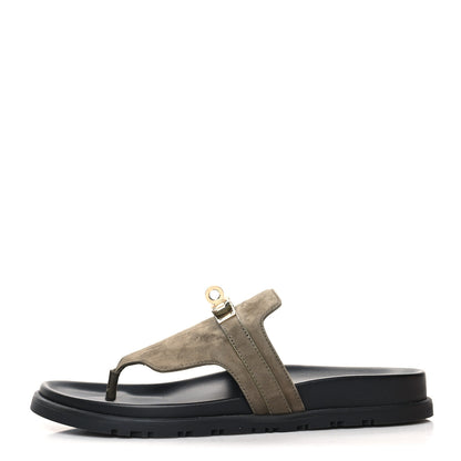 Hermes Suede Goatskin Womens Empire Sandals 37 Vert Toundra 1 of 8