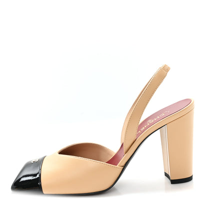 Chanel Lambskin Patent Calfskin Cap Toe CC Slingback Pumps 37 Beige Black 1 of 9