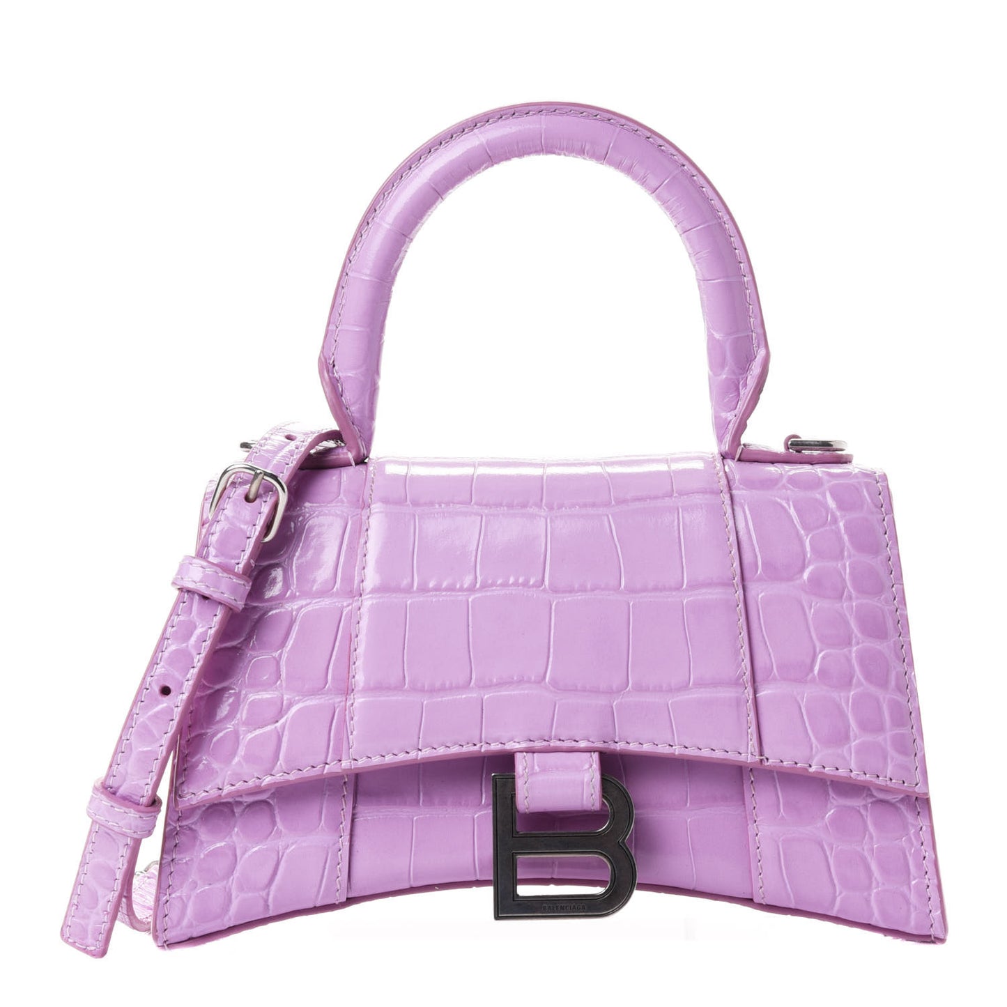 Shiny Calfskin Crocodile Embossed Hourglass Top Handle Bag XS Lilac