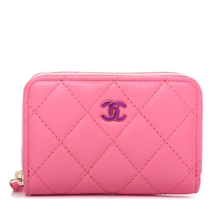 Chanel Lambskin Quilted Zip Around Coin Purse Wallet Pink Yellow 1 of 8