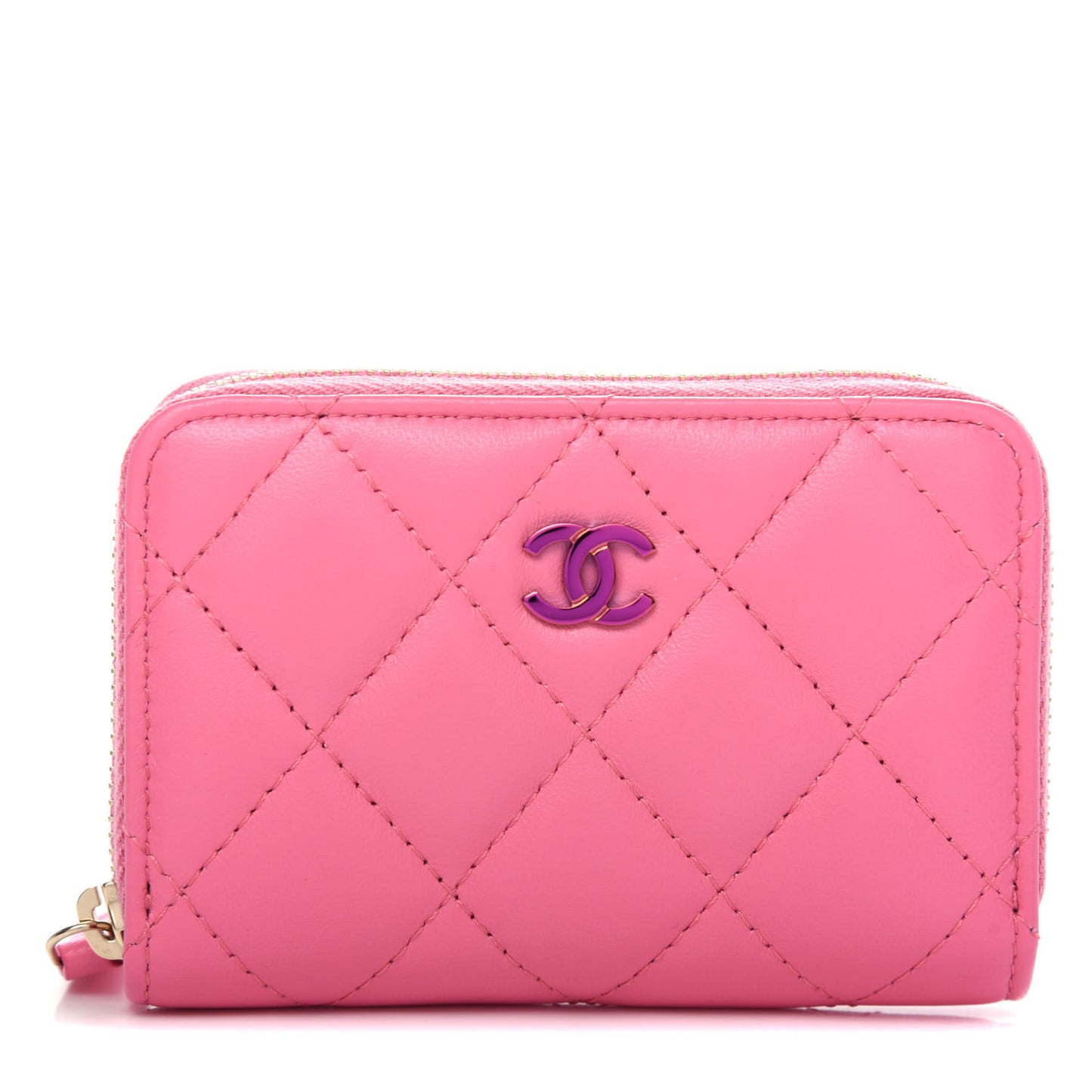 Lambskin Quilted Zip Around Coin Purse Wallet Pink Yellow