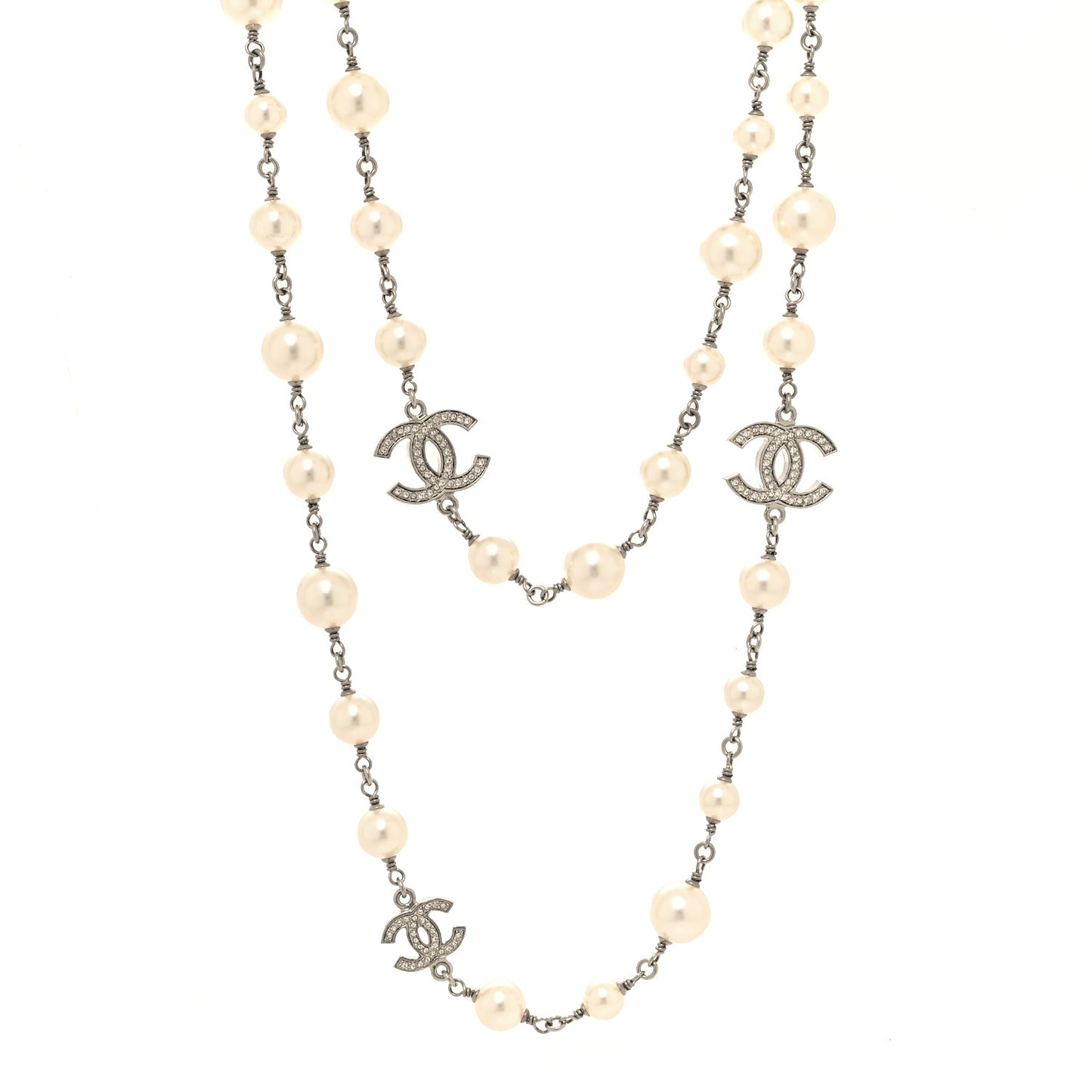 Graduated Pearl Crystal CC Long Necklace Silver