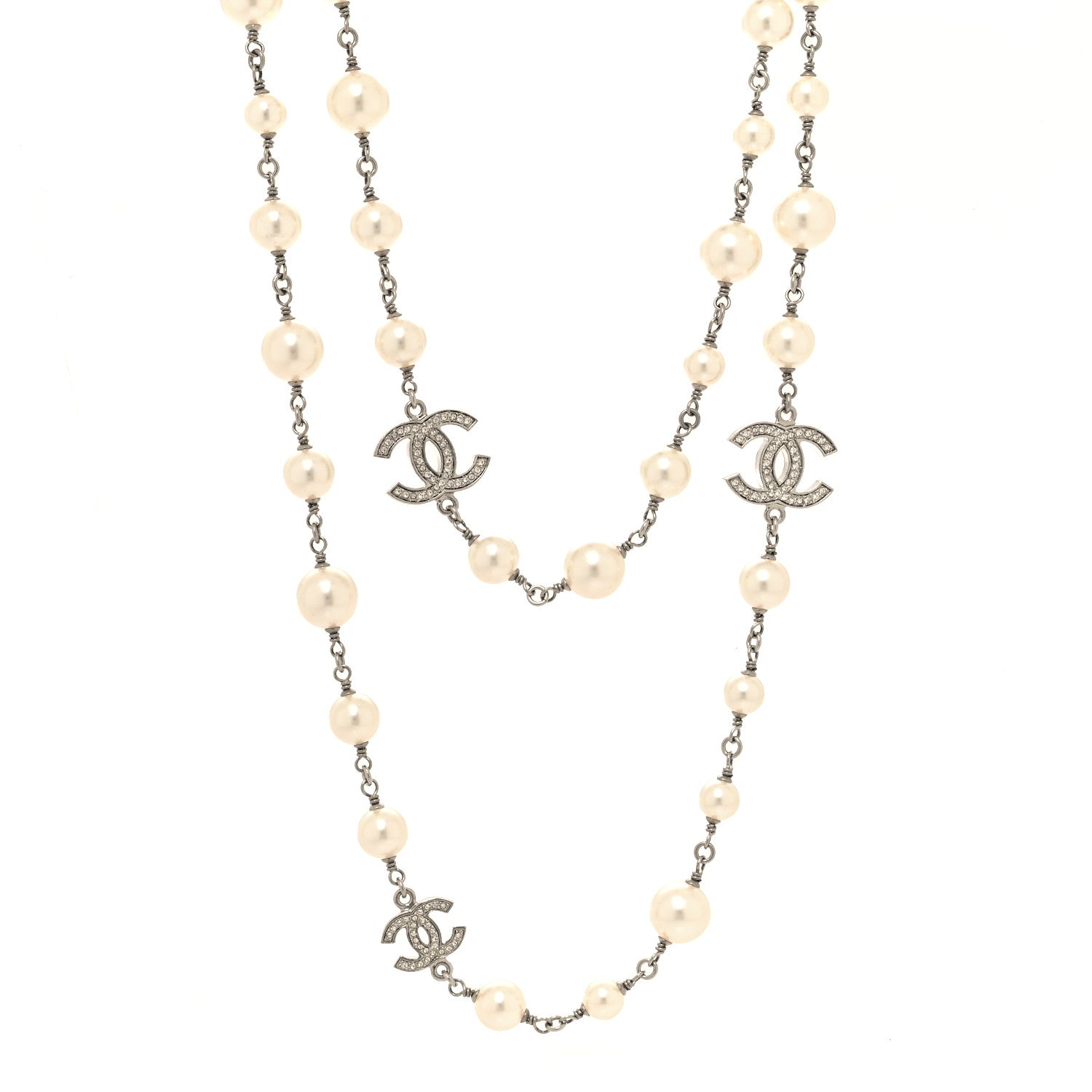 Chanel Graduated Pearl Crystal CC Long Necklace Silver 1 of 5