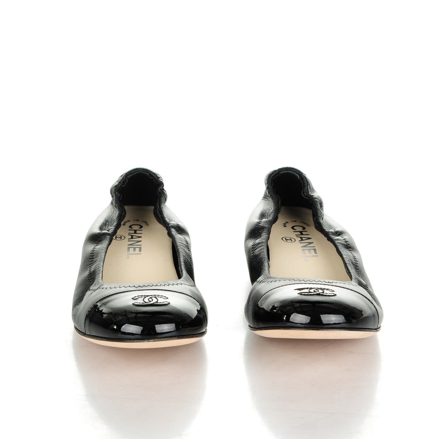 Lambskin Patent CC Elastic Cap Toe Ballerina Flats 38 Black