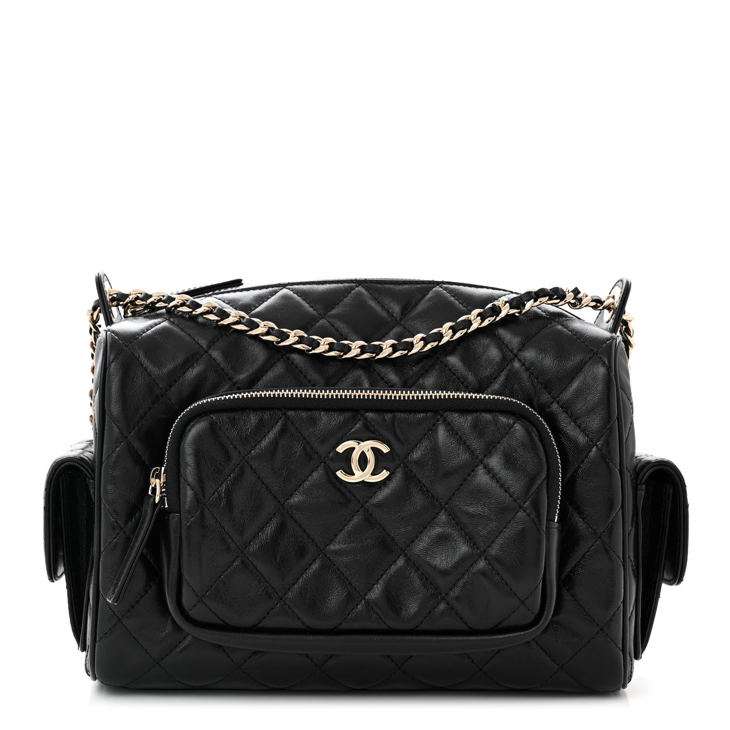 Chanel Shiny Crumpled Lambskin Quilted Medium Preppy Pocket Camera Case Black 1 of 10