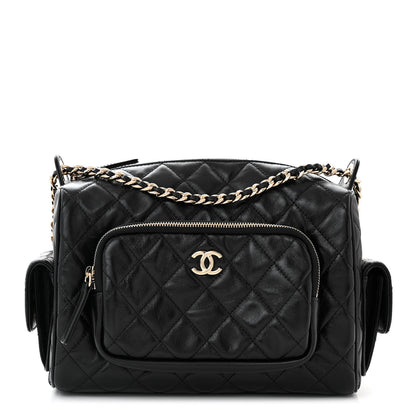Chanel Shiny Crumpled Lambskin Quilted Medium Preppy Pocket Camera Case Black 1 of 10