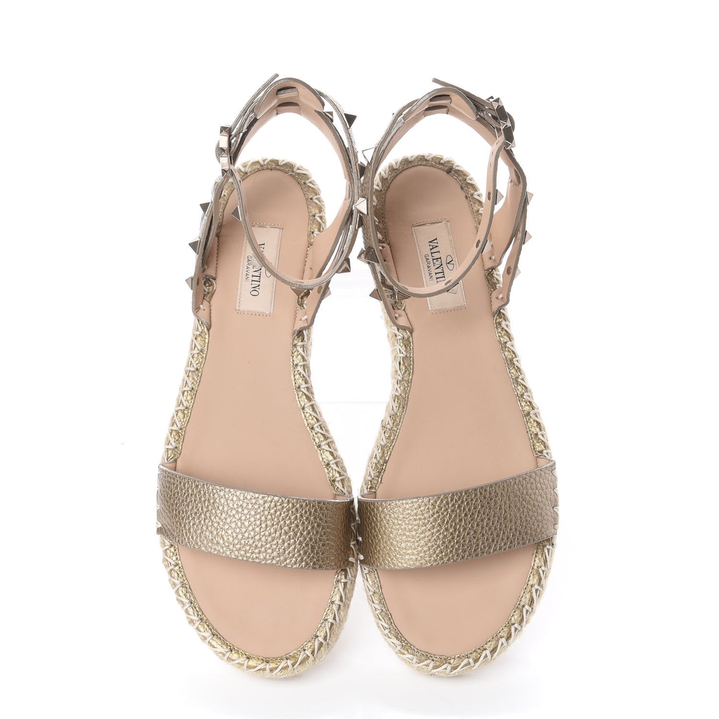 Metallic Calfskin Rockstud Ankle Strap Espadrille Flat Sandals 39 Skin