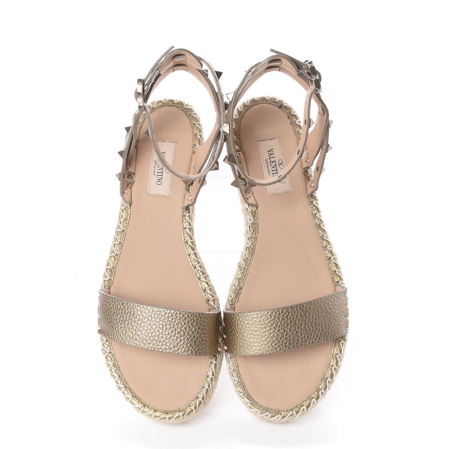 Valentino Garavani Metallic Calfskin Rockstud Ankle Strap Espadrille Flat Sandals 39 Skin 5 of 11