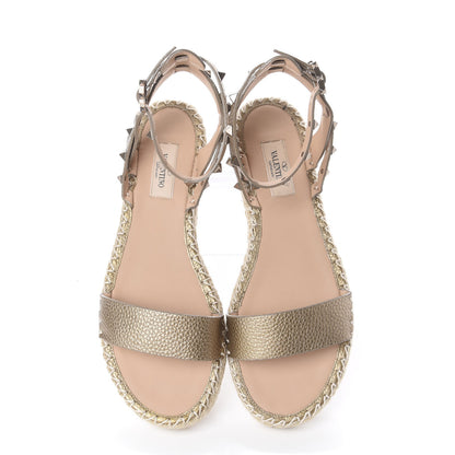 Valentino Garavani Metallic Calfskin Rockstud Ankle Strap Espadrille Flat Sandals 39 Skin 5 of 11