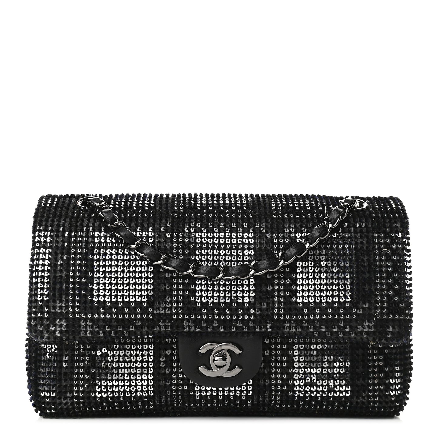 Velvet Sequin Mesh Lambskin Medium Double Flap Black