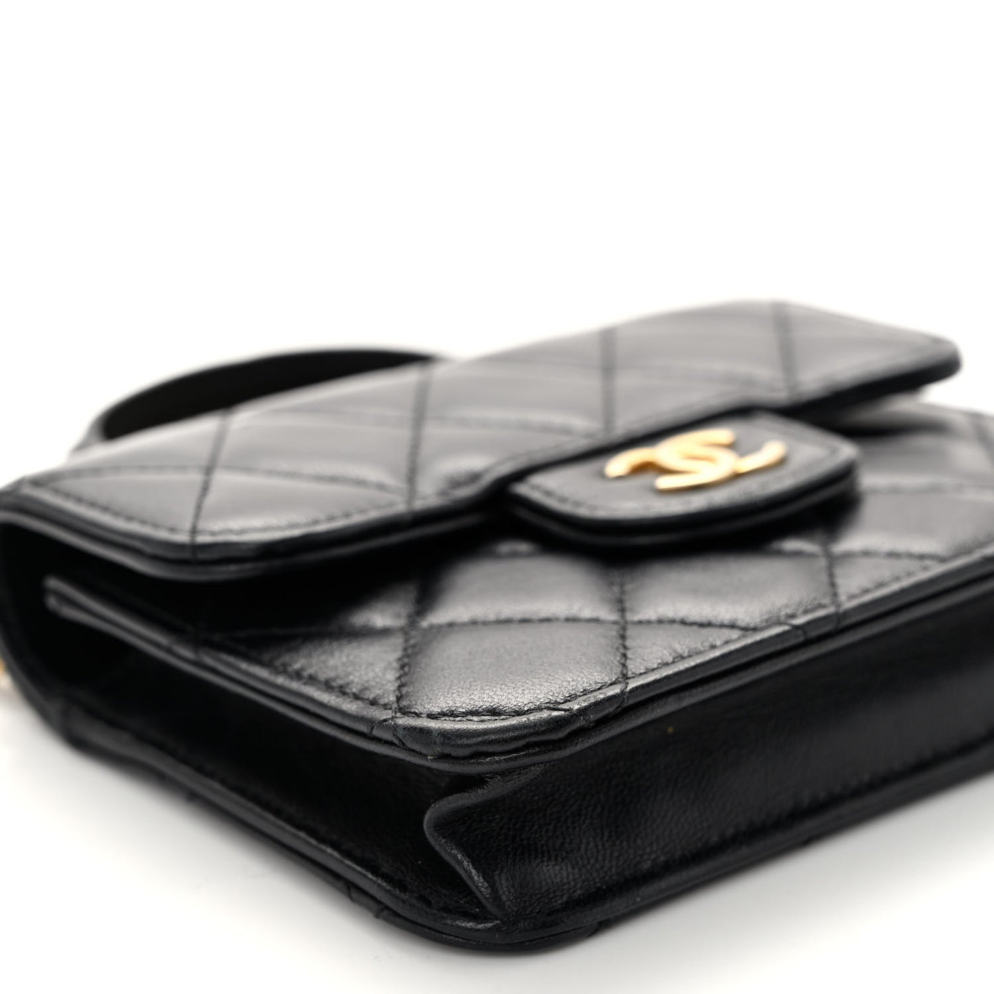 Lambskin Quilted Top Handle Flap Coin Purse With Chain Black